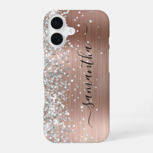 Coque iPhone 16 Rose Gold Métalisé Paillettes Argentées Signature