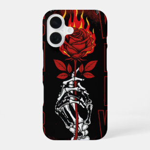 Coque iPhone 16 Rose Rouge Flamboyante et Main de Crâne Urbaine Gr