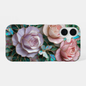 Coque iPhone 16 Roses roses blanches élégantes en verre verni (Verso Horizontal)