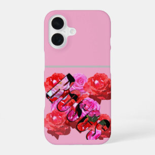Coque iPhone 16 Roses roses et logo rouges et roses,