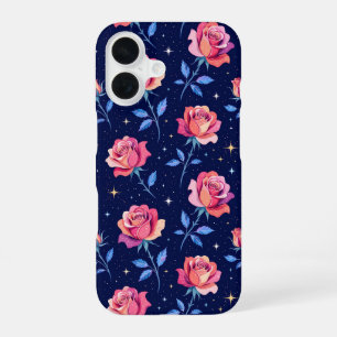 Coque iPhone 16 Roses Vibrantes Contre Ciel Nocturne Étoilé