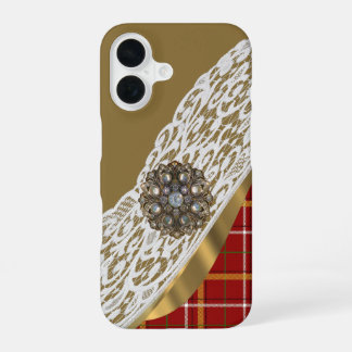 Coque iPhone 16 Rouge et or tartan plaid et dentelle