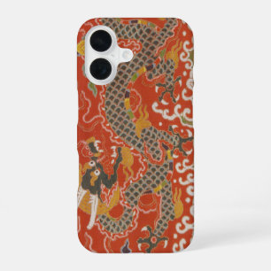 Coque iPhone 16 Rouge Impérial & Motif de Soie de Dragon Noir