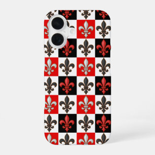 Coque iPhone 16 Rouge Noir Blanc À damiers Fleur de lis Design