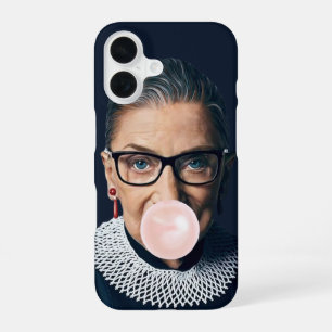 Coque iPhone 16 Ruth Bader Ginsburg souffler rose bulle gomme