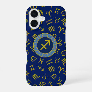 Coque iPhone 16 Sagittaire Zodiac+Astrologie Symboles Ptn Gld+Blue