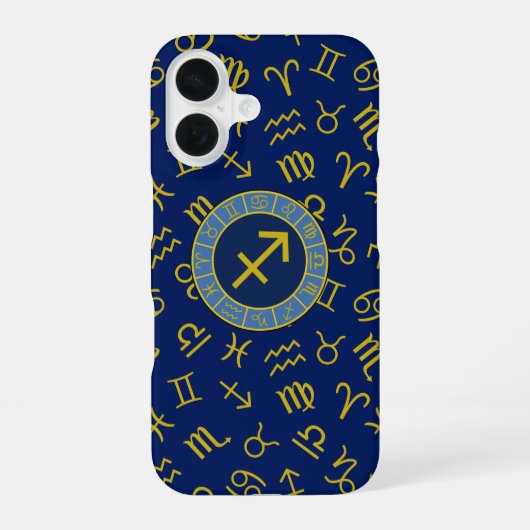 Coque iPhone 16 Sagittaire Zodiac+Astrologie Symboles Ptn Gld+Blue (Verso)