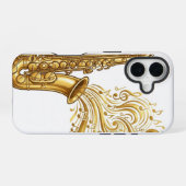 Coque iPhone 16 Saxophone Doré avec des Notes de Musique Tourbillo (Verso Horizontal)