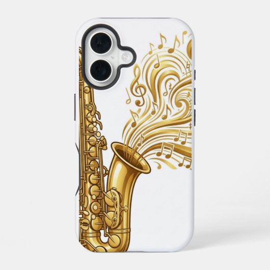 Coque iPhone 16 Saxophone Doré avec des Notes de Musique Tourbillo (Verso)