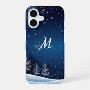 Coque iPhone 16 Scène de neige de nuit d'hiver Monogramme bleu