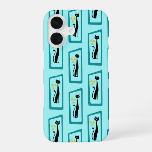 Coque iPhone 16 Schrödinger's Cat Mid Century Moderne bleu pâle