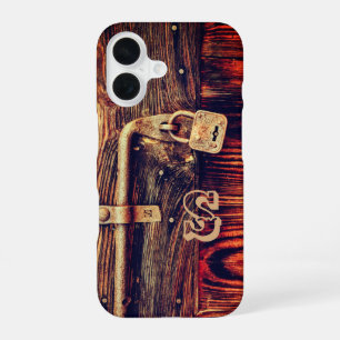 Coque iPhone 16 Serrure en laiton antique bois rustique marron fon