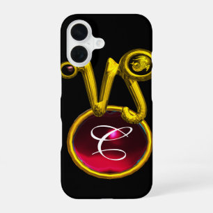 Coque iPhone 16 Signe du zodiaque CAPRICORNE OR RUBIS ROUGE MONOGR