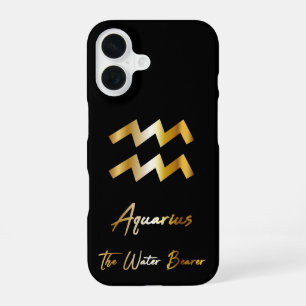 Coque iPhone 16 Signe du zodiaque Verseau, noir et or
