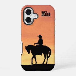 Coque iPhone 16 Silhouette de cowboy au coucher du soleil