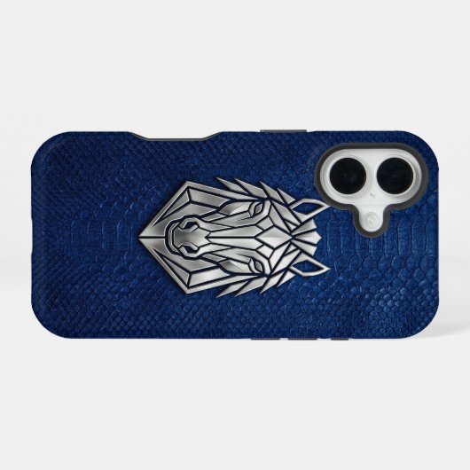 Coque iPhone 16 Silver Chrome Geometric Horse Blue Python iPhone (Verso Horizontal)