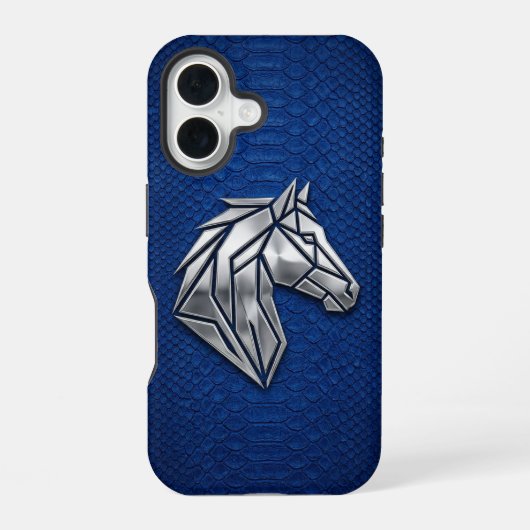 Coque iPhone 16 Silver Chrome Geometric Horse Blue Python iPhone (Verso)