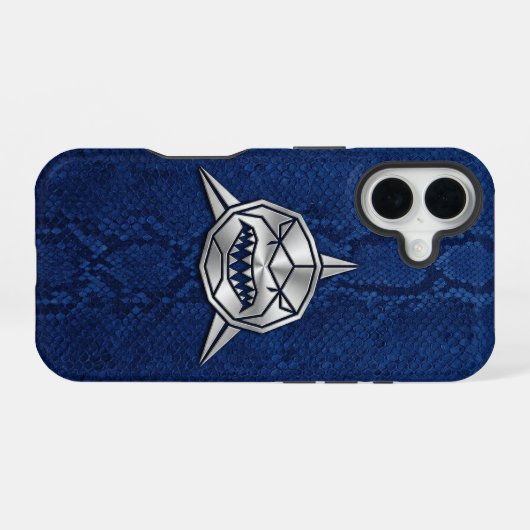 Coque iPhone 16 Silver Chrome Geometric Shark Blue Python iPhone (Verso Horizontal)