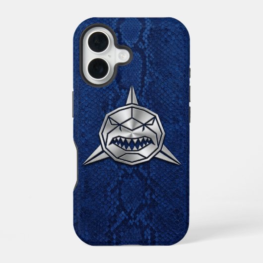 Coque iPhone 16 Silver Chrome Geometric Shark Blue Python iPhone (Verso)