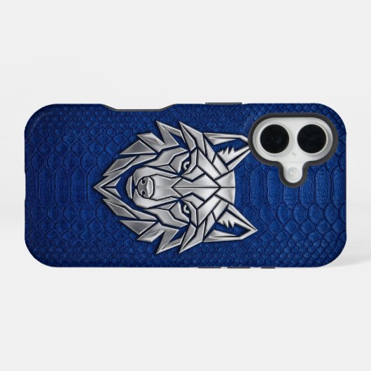 Coque iPhone 16 Silver Geometric Wolf Blue Snakeskin iPhone (Verso Horizontal)
