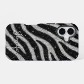 Coque iPhone 16 Silver Glitter Zebra Print Glam Personalized Name (Verso Horizontal)