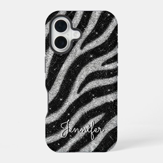 Coque iPhone 16 Silver Glitter Zebra Print Glam Personalized Name (Verso)