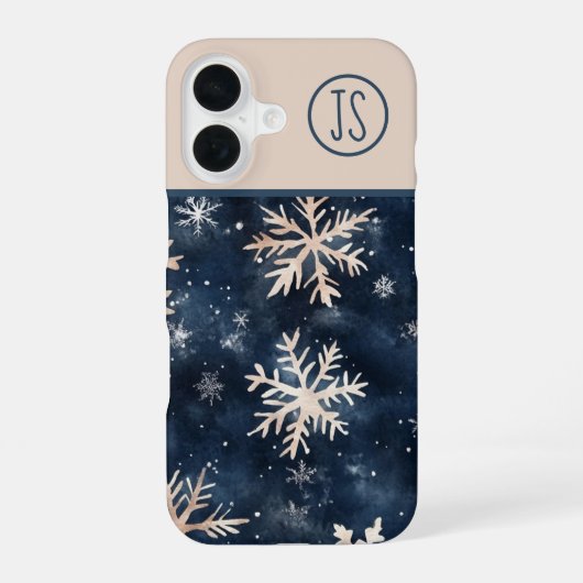 Coque iPhone 16 Simple Bleu foncé avec Monogramme Flocons de neige (Verso)