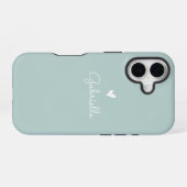 Coque iPhone 16 Simple Pastel Green Heart avec un nom de script mi (Verso Horizontal)