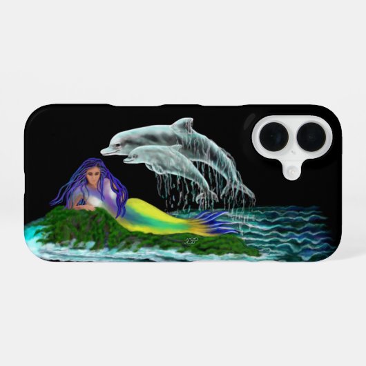 Coque iPhone 16 Sirène avec dauphins (Verso Horizontal)
