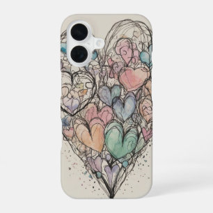 Coque iPhone 16 Sketchy Love Hearts