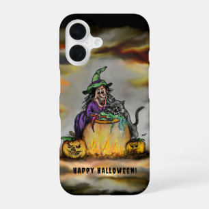 Coque iPhone 16 Sorcière et chat noir, Joyeux Halloween !