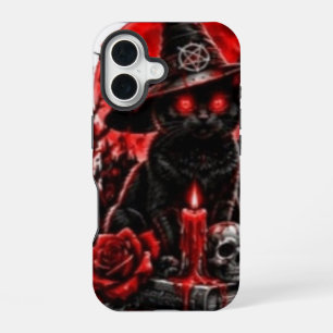 Coque iPhone 16 Sorcière gothique chat noir Halloween crâne bougie