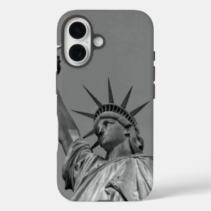 Coque iPhone 16 Statue noire et blanche de Liberty New York