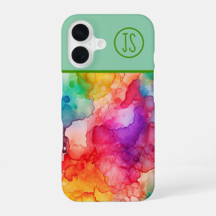 Coque iPhone 16 Style Abstrait d'encre d'alcool Rainbow Monogramme