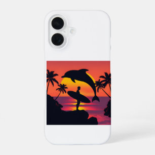 Coque iPhone 16 Sunset Dolphin et Surfer Tropical Beach Téléphone