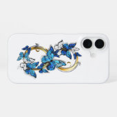 Coque iPhone 16 Symbole infini de papillons Morpho bleus (Verso Horizontal)