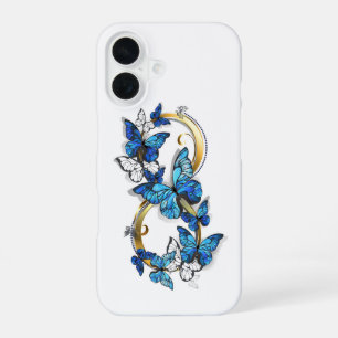 Coque iPhone 16 Symbole infini de papillons Morpho bleus