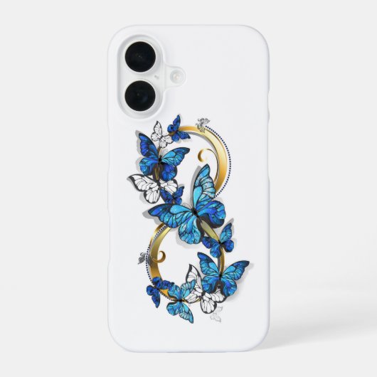 Coque iPhone 16 Symbole infini de papillons Morpho bleus (Verso)