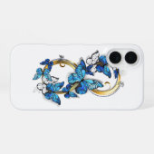 Coque iPhone 16 Symbole infini de papillons Morpho bleus (Verso Horizontal)