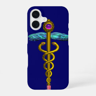 Coque iPhone 16 SYMBOLE MÉDICAL CADUCÉE OR ,Bleu
