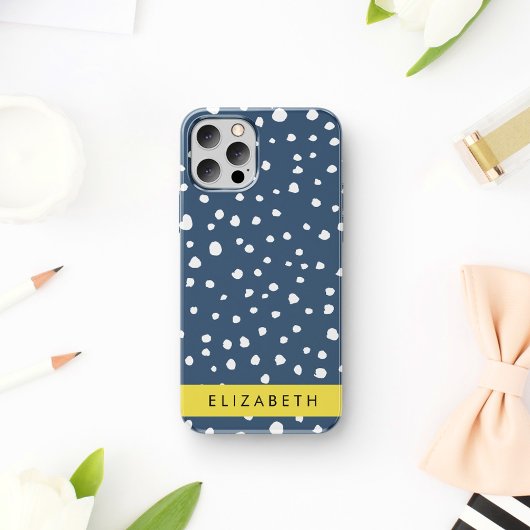 Coque iPhone 16 Taches de dalmatien bleu marine, Points, Tachetés,