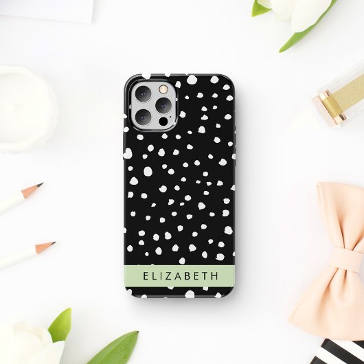 Coque iPhone 16 Taches de dalmatien, Points, Noir et Blanc, Votre 