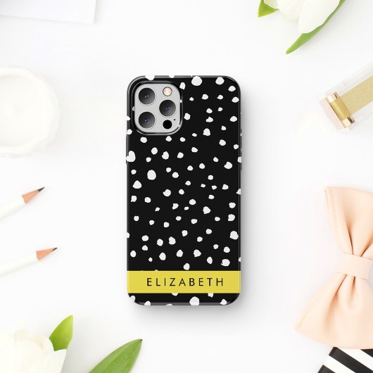Coque iPhone 16 Taches de dalmatien, Points, Noir et Blanc, Votre