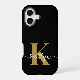 Coque iPhone 16 Tapis de sol monogrammé en noir et or