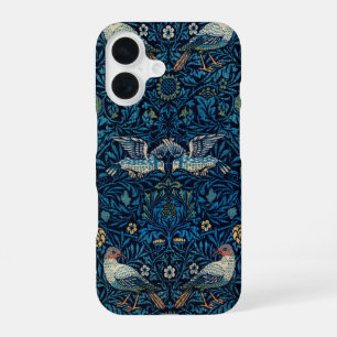 Coque iPhone 16 Tapisserie Classique Fleurs Oiseaux Bleu de Willia