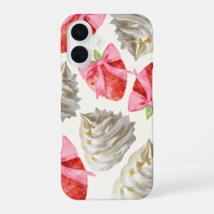 Coque iPhone 16 Téléphone esthétique à la fraise sucrée et à la cr