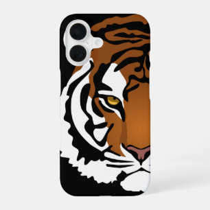 Coque iPhone 16 Tigre, Chat Sauvage sur Fond Noir