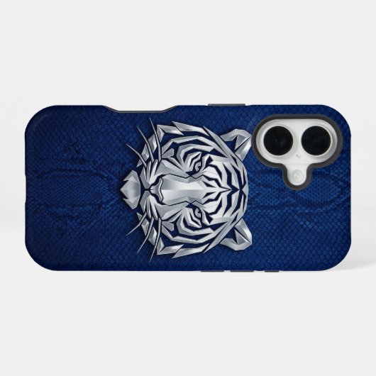 Coque iPhone 16 Tigre Géométrique Chrome Argent Python Bleu iPhone (Verso Horizontal)
