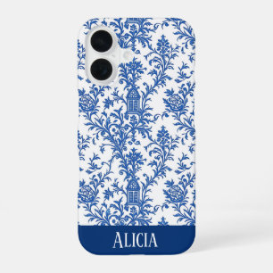 Coque iPhone 16 Toile à fleurs bleue