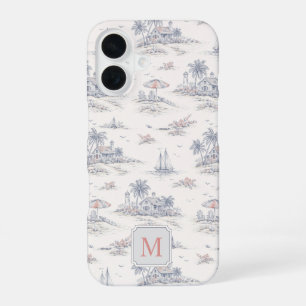 Coque iPhone 16 Toile de Jouy Bleue Côtière Tropicale Monogramme